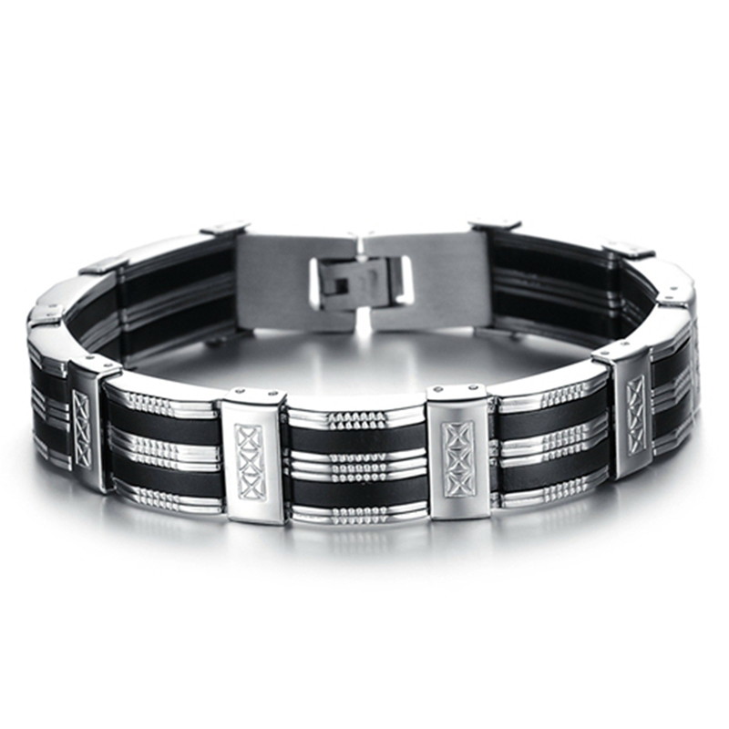 Men’s Steel Bracelet with Black Rubber Elements - MEN'S VECTOR