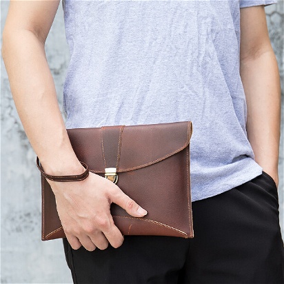 Dark Brown Leather Clutch Bag for MEN'S VECTOR